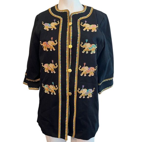 Bob Mackie Wearable Art Small Black Elephant Embroidered Jacket Button Front Vtg - Picture 1 of 4